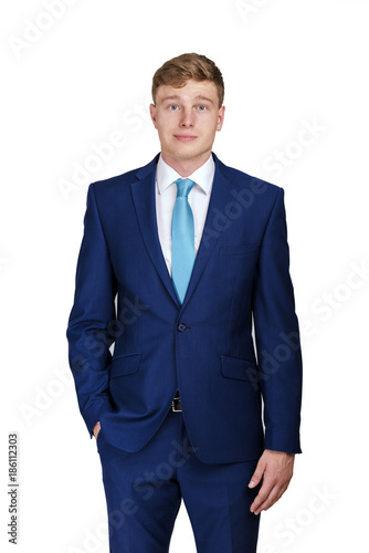 Business, people and office concept - happy smiling businessman in blue suit isolated on white.
