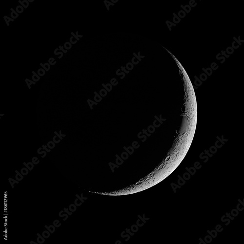 Moon - Waxing Crescent against black sky background