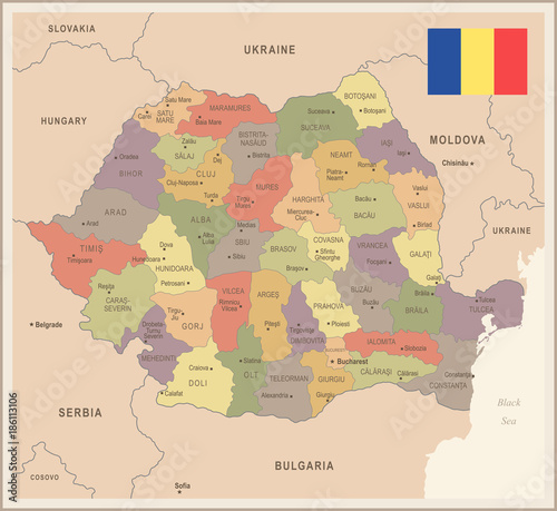 Romania - vintage map and flag - Detailed Vector Illustration