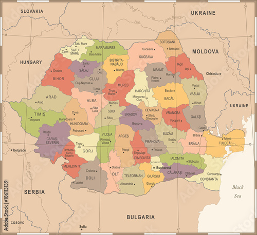 Fotografie, Obraz Romania Map - Vintage Detailed Vector Illustration