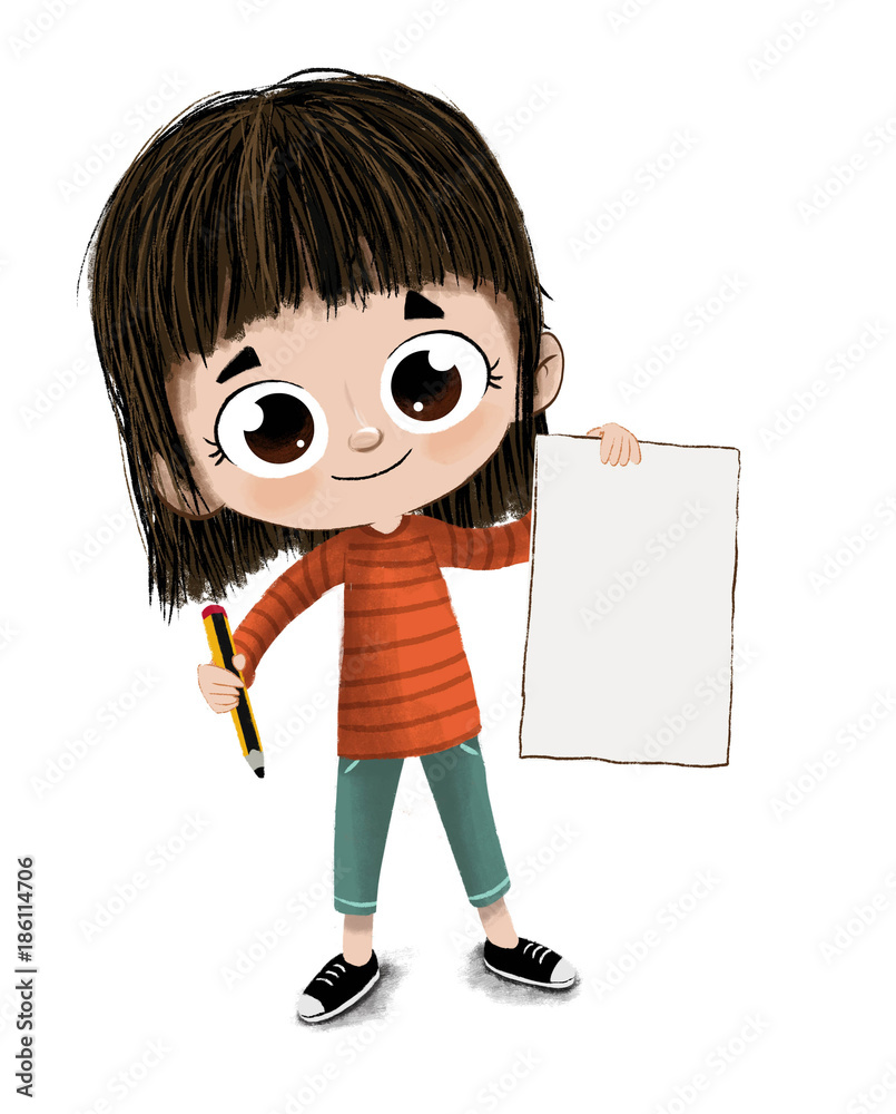 Niño con una hoja y un lápiz enseñando algo Stock Illustration | Adobe Stock