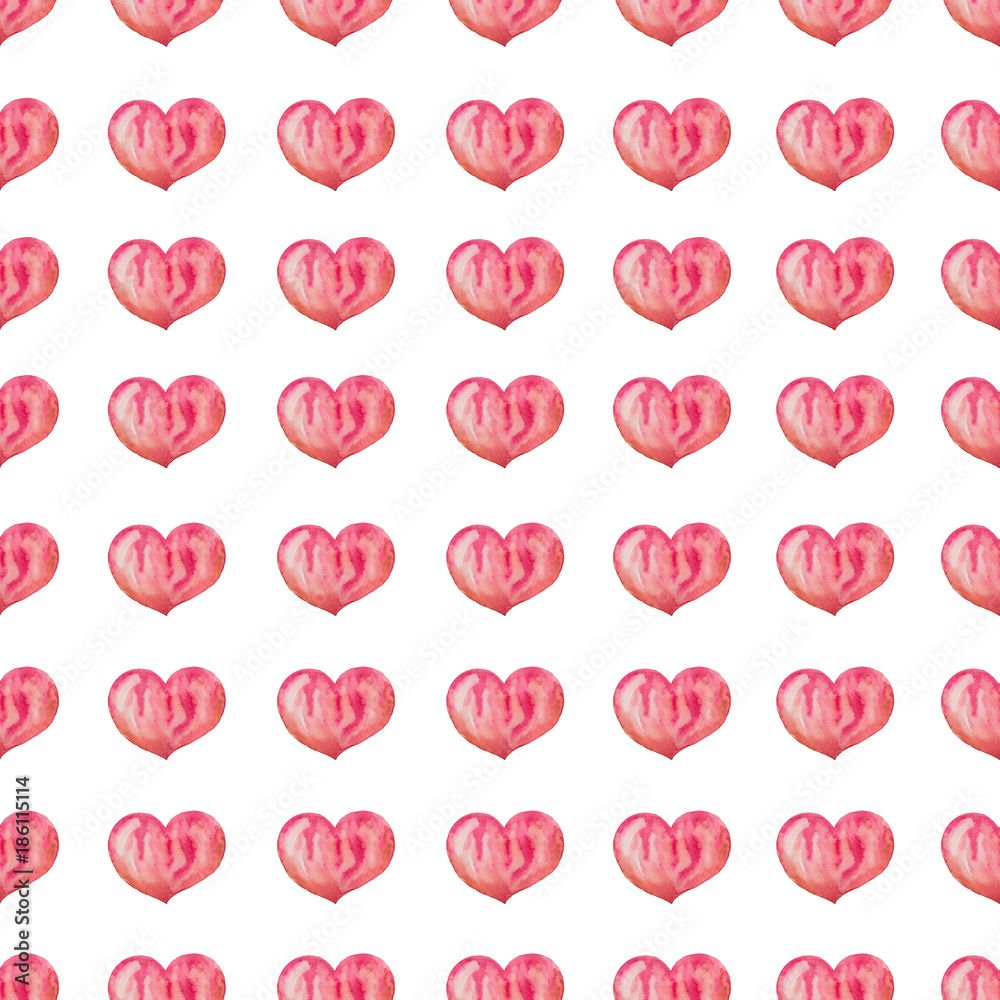 A seamless pattern of beautiful hearts painted in watercolor on the day of St. Valentine or at a wedding