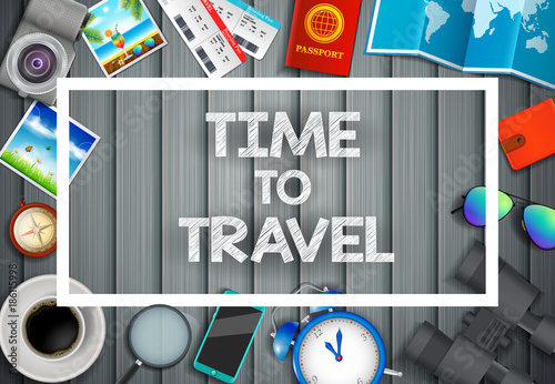 Flat vector web banners set on the theme of travel , vacation, adventure. Preparing for your journey. Outfit of modern traveler. Objects on wooden background. 