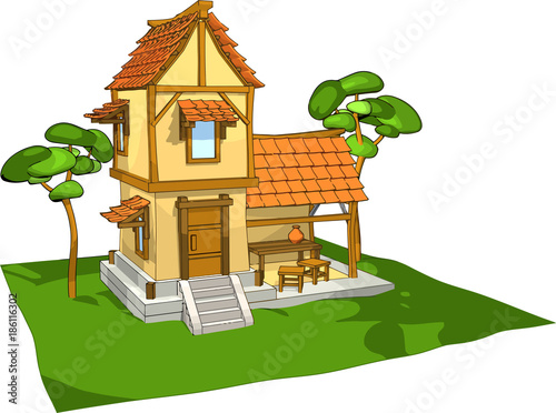rustic house tile cartoon style green lawn trees old interesting architecture stovepipe porch table chairs annex yellow tile roof