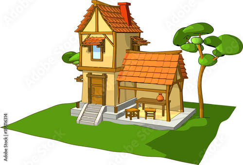 rustic house tile cartoon style green lawn trees old interesting architecture stovepipe porch table chairs annex yellow tile roof