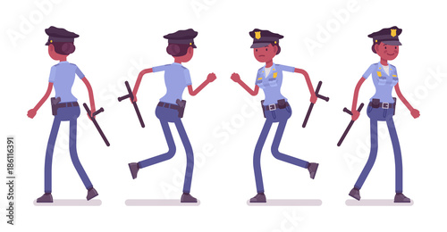 Young policewoman walking and running