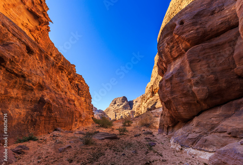 Scenic view of the yellow colored mountain rocks in the Wadi rum desert in Jordan at early-morning