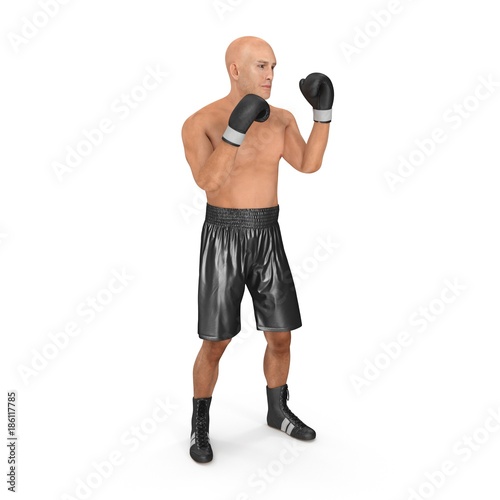 Male boxer fighting pose on white. 3D illustration