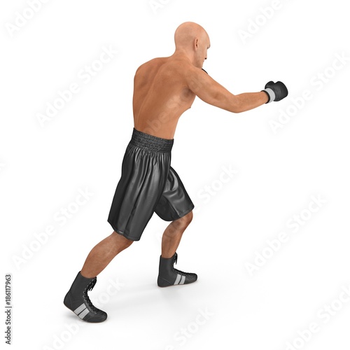 Athletic attractive man wearing black boxing gloves on the white. 3D illustration