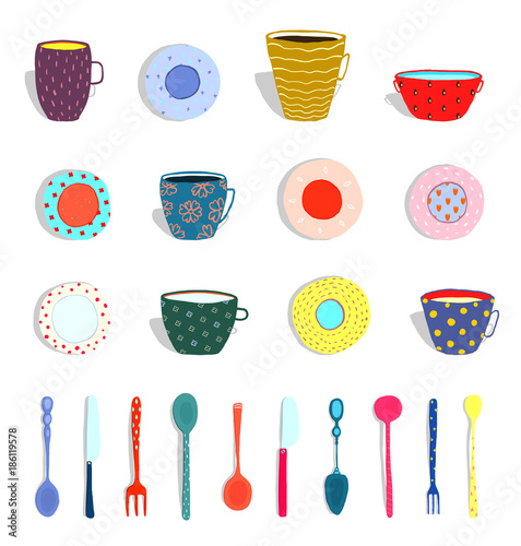 Set of colorful plates and silverware hand drawn. Vector illustration. 