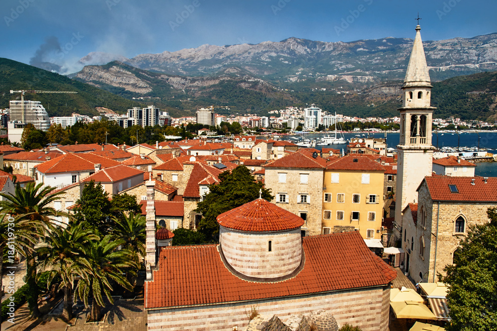 View of the city of Budva, the bay and mountains in Montenegro.