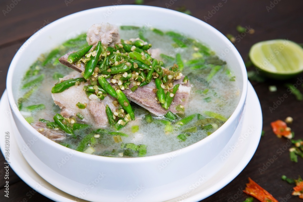 Sour pork spare rib soup. The menu food is a tom yum sour taste and be hot spicy.