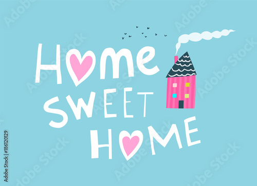 Hand drawn sign home with house chimney and smoke. Vector illustration. 