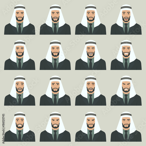  vector illustration of a arabic face expressions, set of a different muslim face expression, cartoon  arab character, saudi avatar 