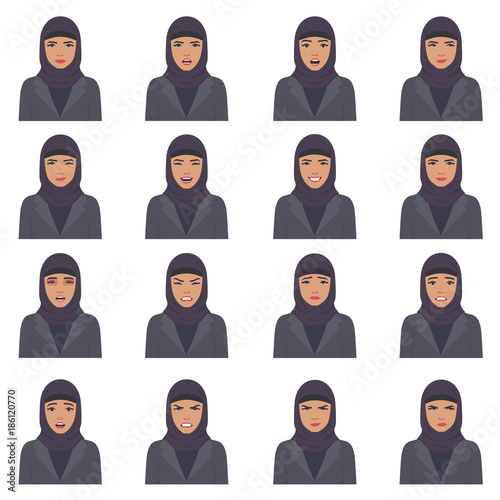  vector illustration of a arabic face expressions, set of a different muslim face expression, cartoon  arab character, saudi avatar 