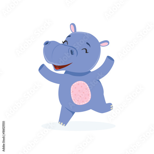 Funny happy baby hippo character jumping, cute behemoth African animal vector Illustration