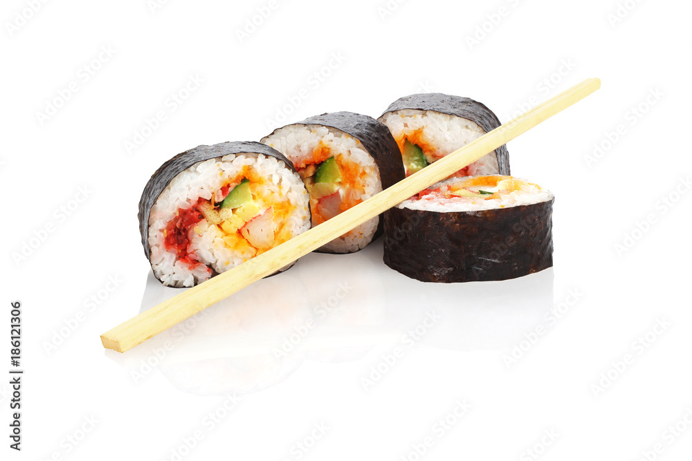 Cut Sushi Rolls and Disposable Chopsticks Cut Sushi Rolls and Disposable Chopsticks