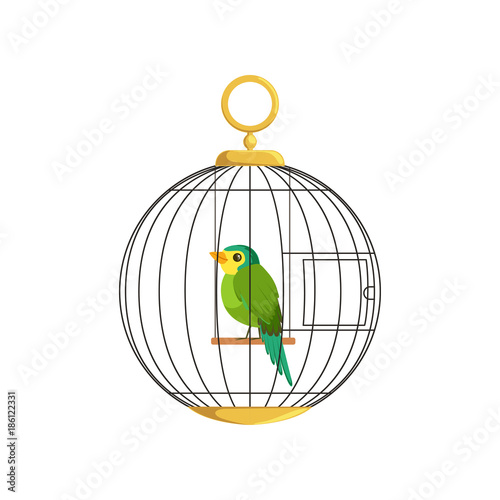 Illustration of colorful little bird in cage. Green singing finch. Hanging cell in round shape. Domestic canary. Flat vector design for pet store, business poster or flyer
