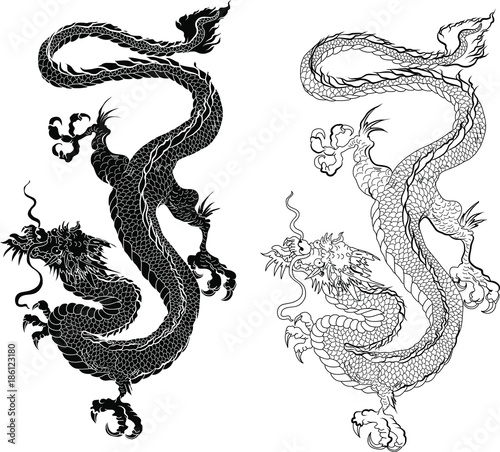 Hand drawn zentangle style Chinese dragon and sketch for tattoo.Dragon silhouette on white background.