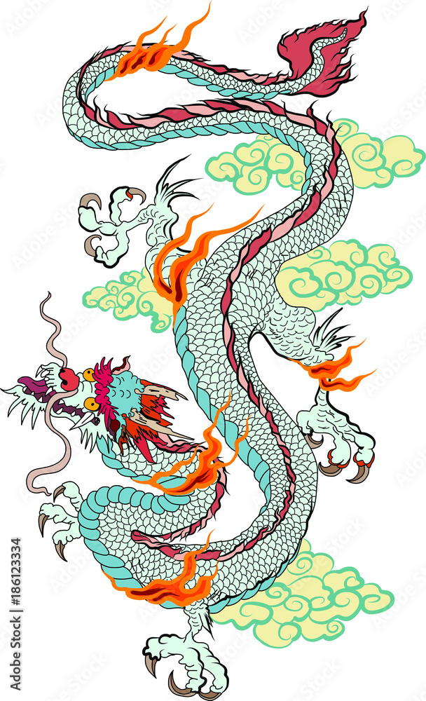 Japanese old Dragon sticker on black background.Chinese dragon tattoo. Traditional Asian tattoo the old dragon vector.