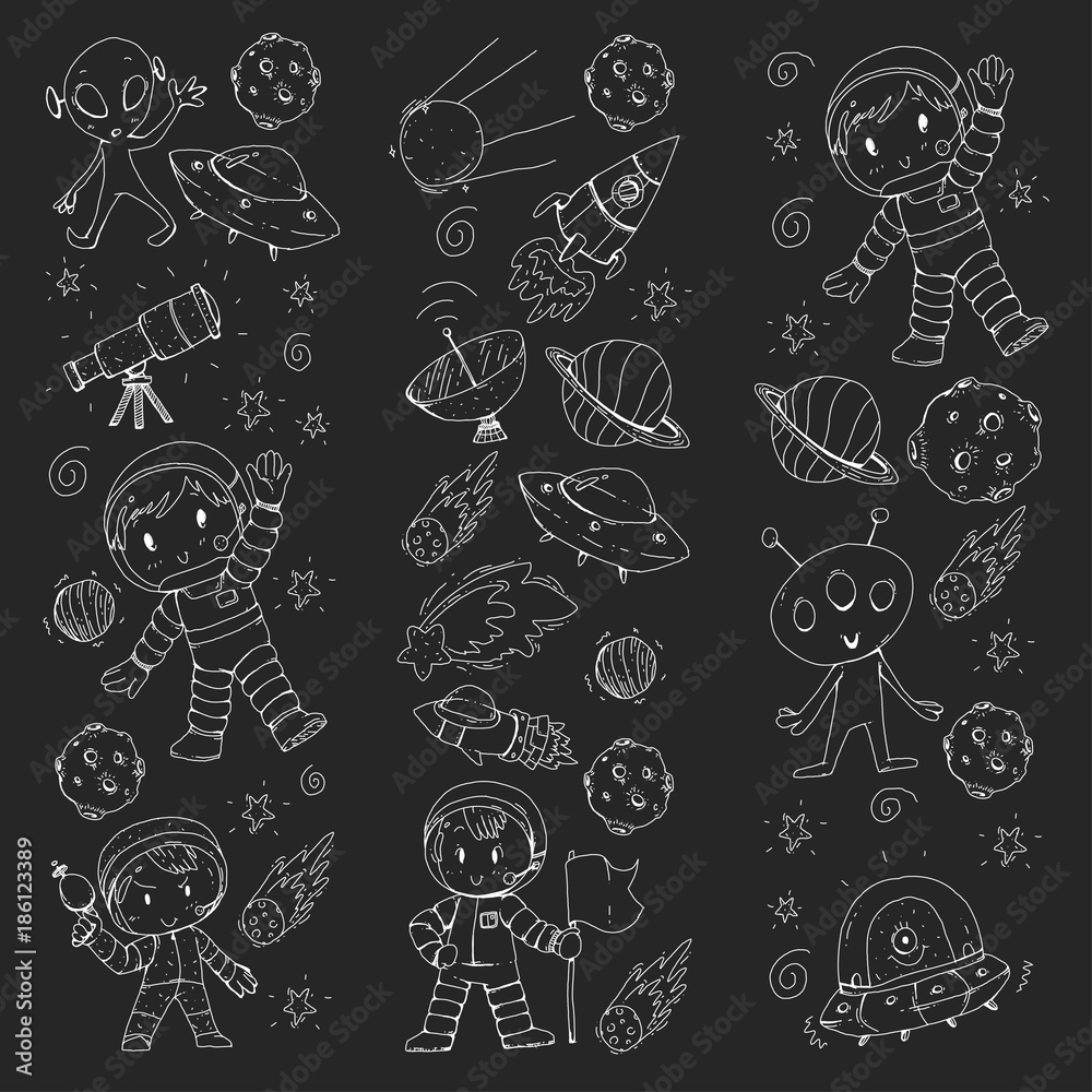Moon surface. Kindergarten children play space exploration. Alien, ufo, spaceship. rocket. Children, boys and girls with moon, mars, saturn, jupiter