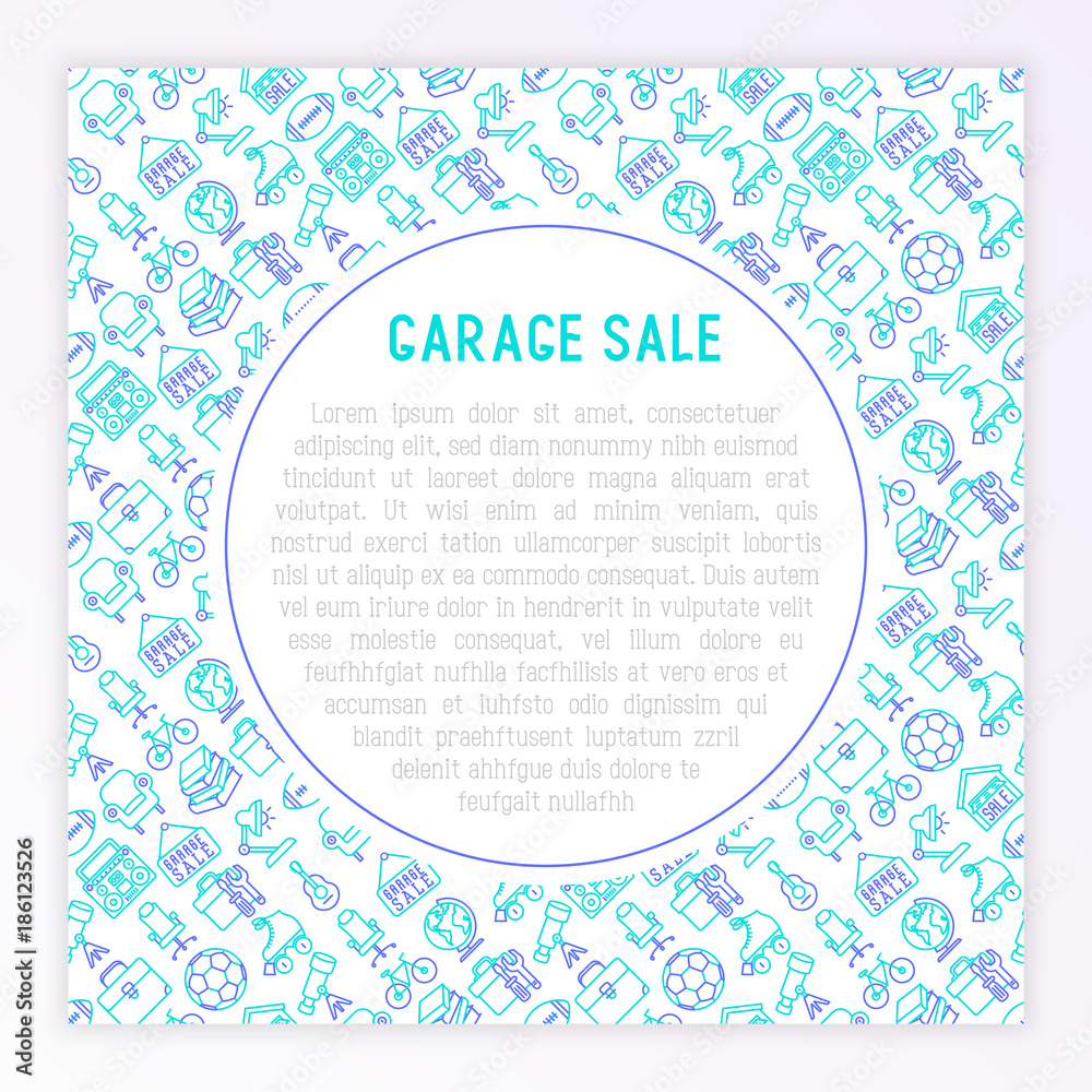 Garage sale concept with thin line icons: signboard, globe, telescope,guitar, rollers, armchair, toolbox, soccer ball. Modern vector illustration for banner, print media, web page. Garage sale concept with thin line icons: signboard, globe, telescope,guitar, rollers, armchair, toolbox, soccer ball. Modern vector illustration for banner, print media, web page.