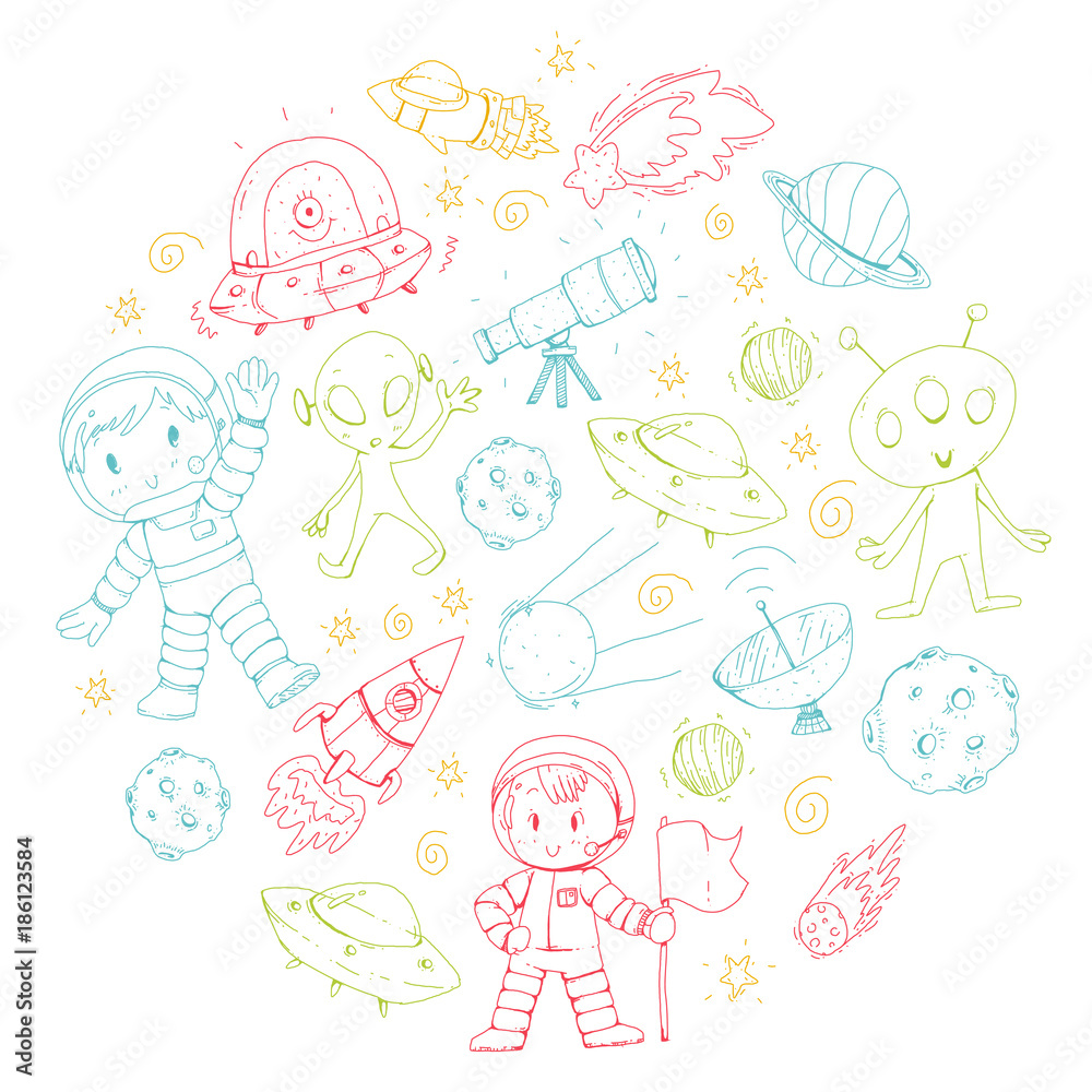 Moon surface. Kindergarten children play space exploration. Alien, ufo, spaceship. rocket. Children, boys and girls with moon, mars, saturn, jupiter Moon surface. Kindergarten children play space exploration. Alien, ufo, spaceship. rocket. Children, boys and girls with moon, mars, saturn, jupiter