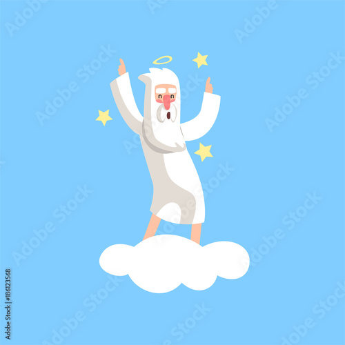 Happy bearded god character dancing on white cloud surrounded with stars. Illustration for religious greeting card, poster or print. Flat vector isolated on blue.