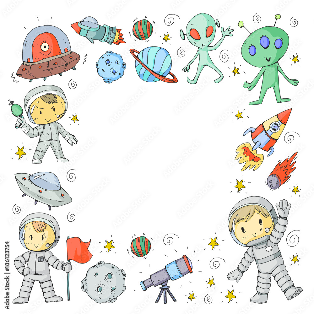 Moon surface. Kindergarten children play space exploration. Alien, ufo, spaceship. rocket. Children, boys and girls with moon, mars, saturn, jupiter Moon surface. Kindergarten children play space exploration. Alien, ufo, spaceship. rocket. Children, boys and girls with moon, mars, saturn, jupiter