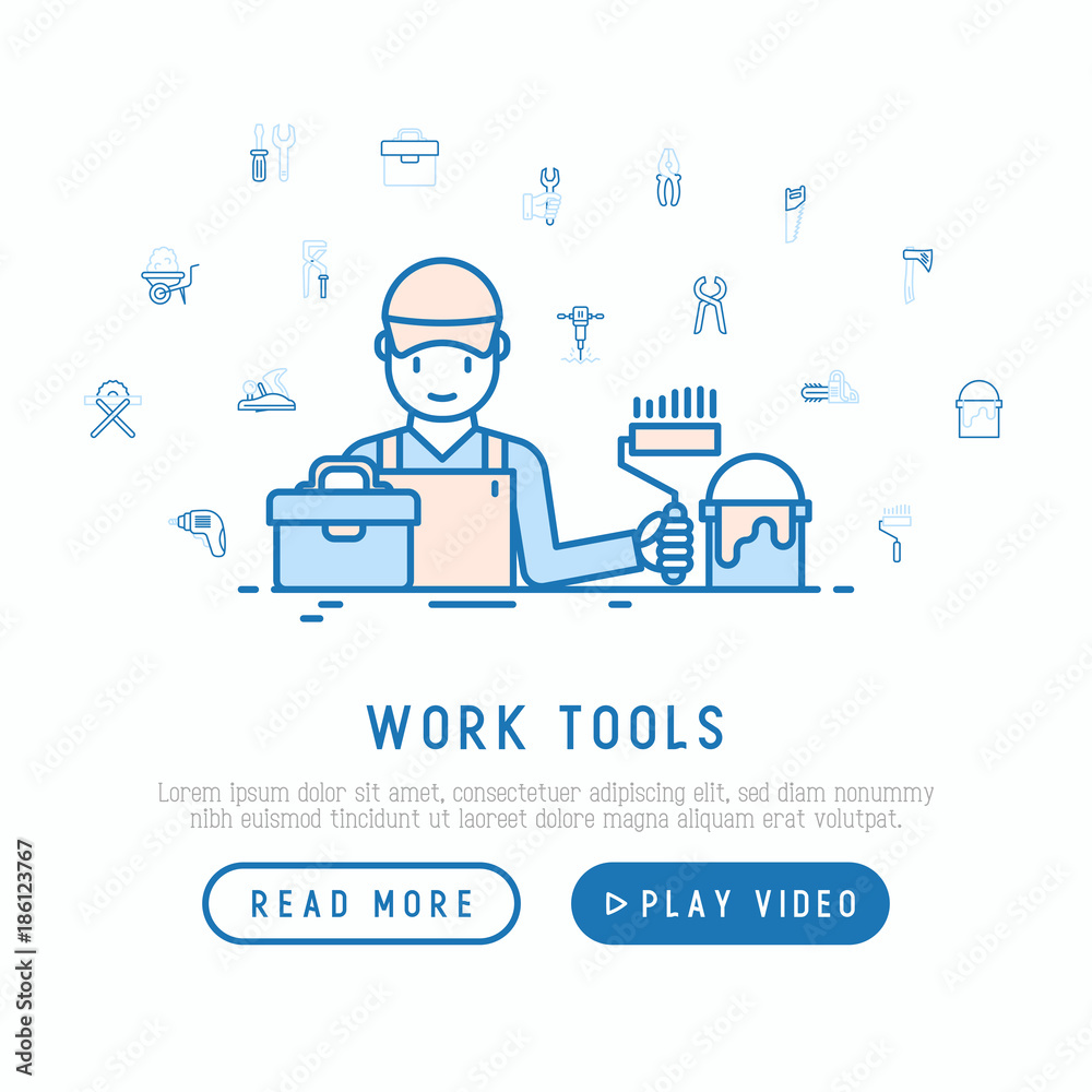 Builder with work tools concept thin line icons: puncher, drill, wrench, plane, toolbox, wheelbarrow, saw, pliers, sawing machine. Modern vector illustration, web page template.
