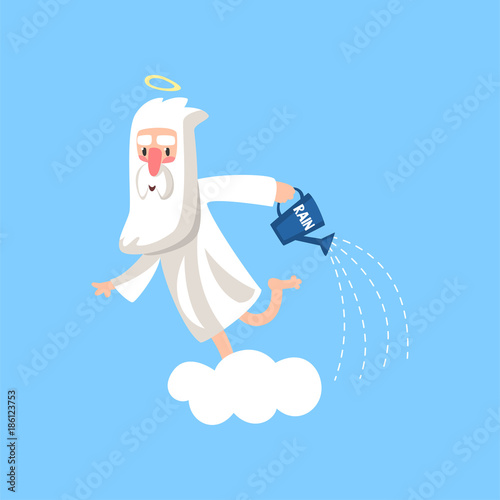 Happy bearded cartoon character of god on the cloud watering the earth with rain. Religious concept. Vector illustration