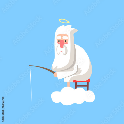 God character in action. Lord sitting on cloud with halo over his head and fishing. Christian theme cartoon style illustration. Flat vector isolated on blue.