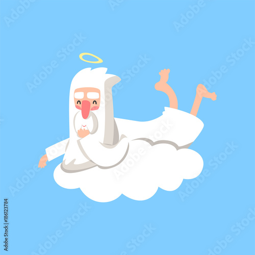 Happy god character resting on white cloud. Creator's daily routine. Christian religious theme. Flat vector isolated on blue background.