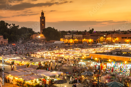 Jamaa el Fna market square, Marrakesh, Morocco, north Africa. Jemaa el-Fnaa, Djema el-Fna or Djemaa el-Fnaa is a famous square and market place in Marrakesh's medina quarter. photo