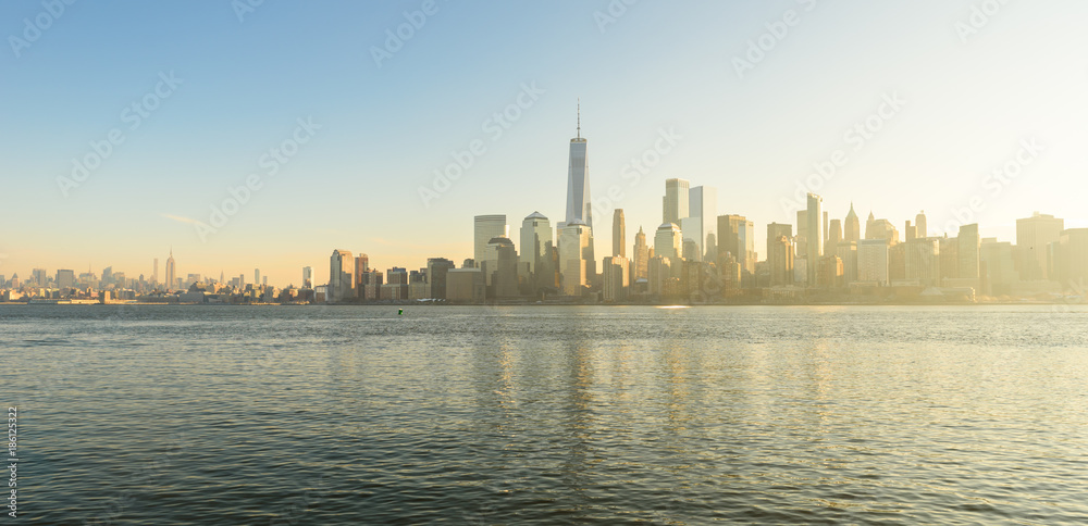 Scenic view to New York, Manhattan over Hudson river from Liberty State Park in wintertime. New Jersey, USA.