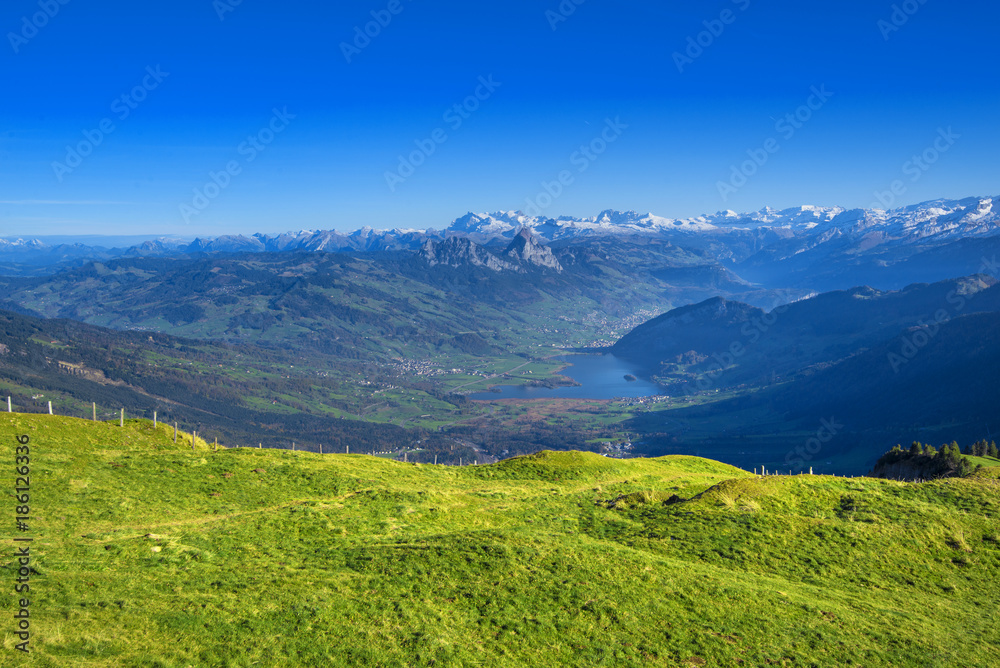  Panorama view from Rigi Mountains at lake Lucern and Village Brunnen. View from Rigi Switzerland