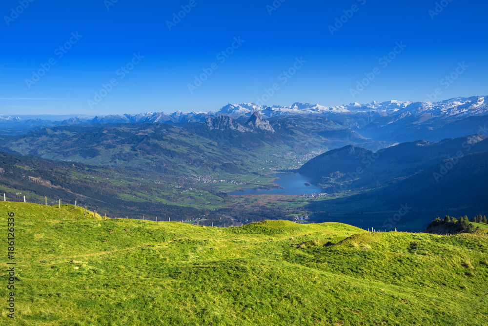 Fototapeta premium Panorama view from Rigi Mountains at lake Lucern and Village Brunnen. View from Rigi Switzerland