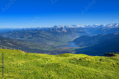  Panorama view from Rigi Mountains at lake Lucern and Village Brunnen. View from Rigi Switzerland © tonefotografia