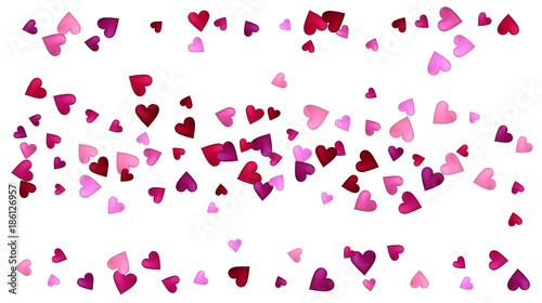 Valentines Day Vector Confetti Border. Falling Down Petals, Showering Pink, Red Hearts. Wide Valentines Day Background, Celebration Hearts Garland Rose Romantic Wedding Frame, Border, Banner Design