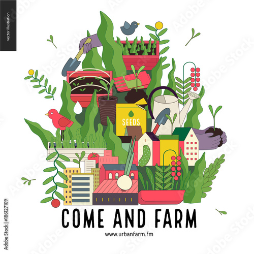 Urban farming and gardening collage with gardening tools, greens and houses. Come and farm - invitation to collaboration