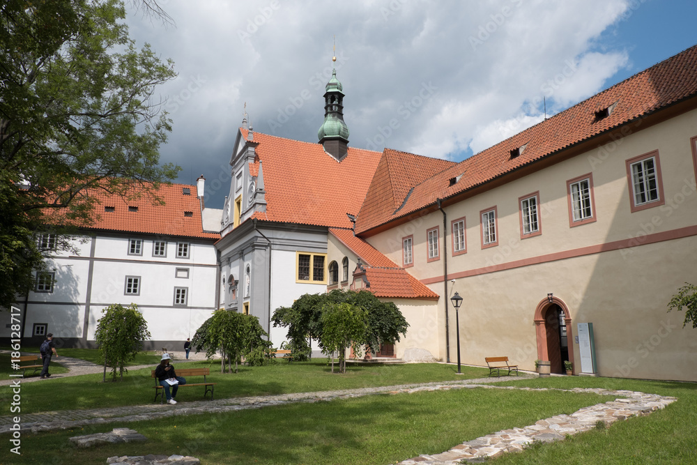 Facade of the Minoritsky klaster (Minorite Monastery) in charming medieval town of Cesky Krumlov, Czech Republic.
