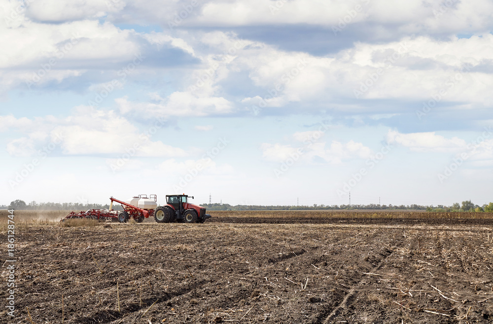 Fototapeta premium Modern tractor handles the field
