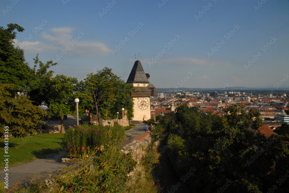 View of Uhrturm and the City of Graz from Schlossberg