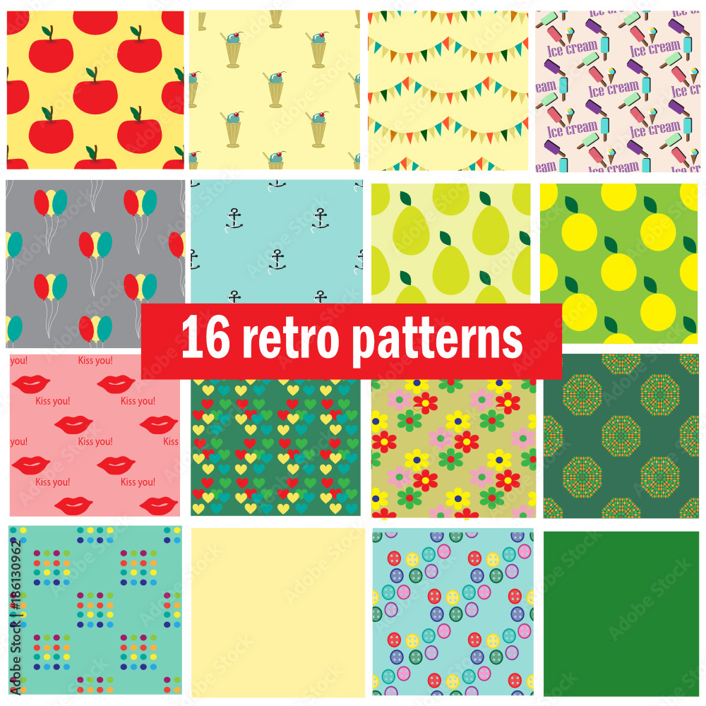 Collection with 16 retro seamless patterns