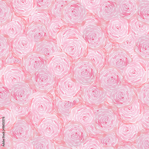 Romantic pink roses seamless pattern in watercolor hand painting © Uraiwon