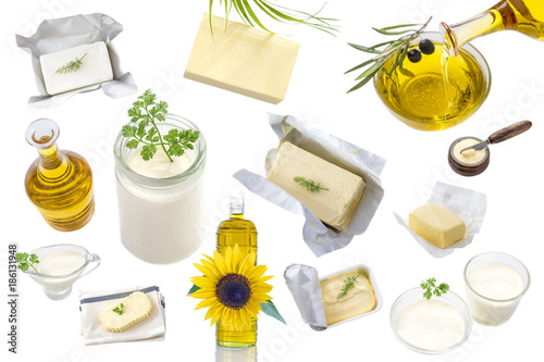 фотографія food Fats: set of dairy product and oil on white background