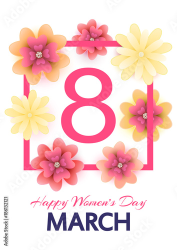 8 March. Mothers, Women's day greeting card with blooming red, y