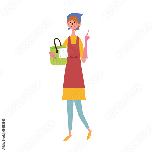 バケツを持つ　そうじ　女性　イラスト
