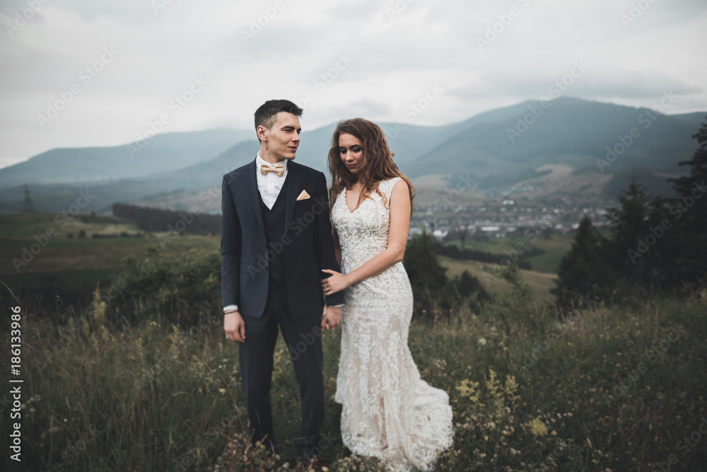Beautifull wedding couple kissing and embracing near mountain with perfect view