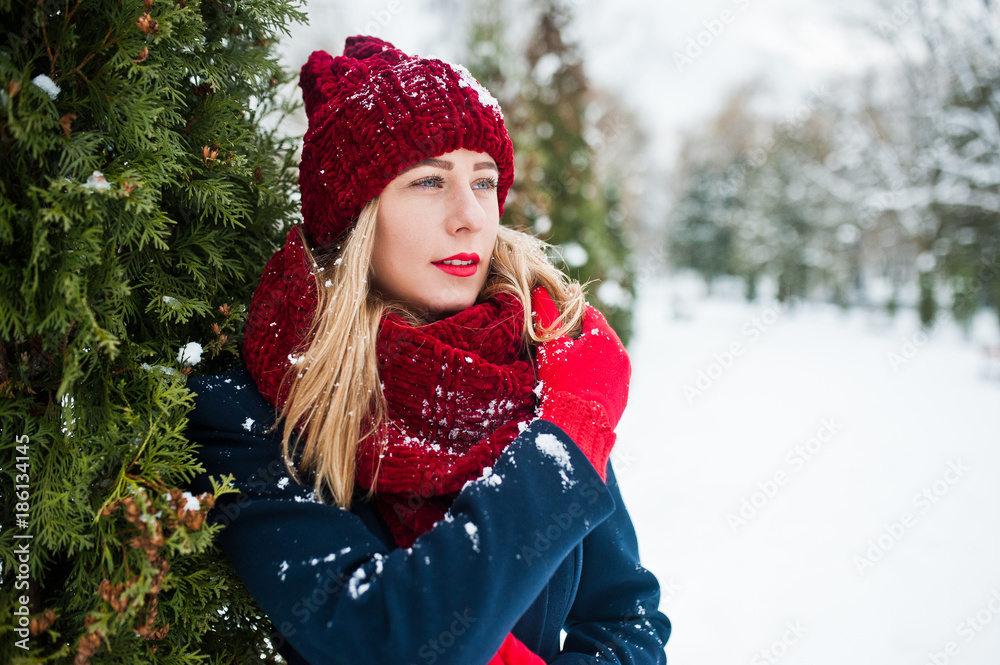 Blonde girl in red scarf and coat walking at park on winter day. Blonde girl in red scarf and coat walking at park on winter day.